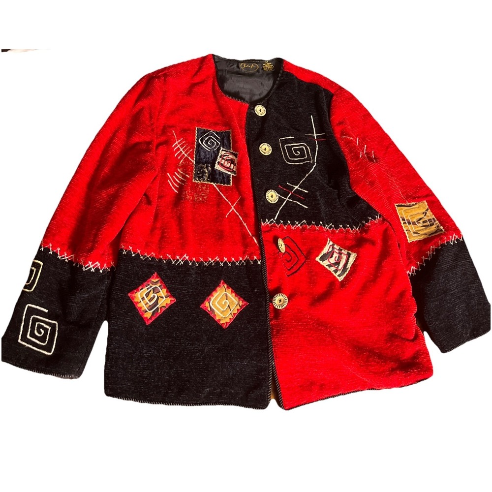 Julia Fu Women's Medium Red Black Art To Wear Jacket Embroidered Boho Vintage